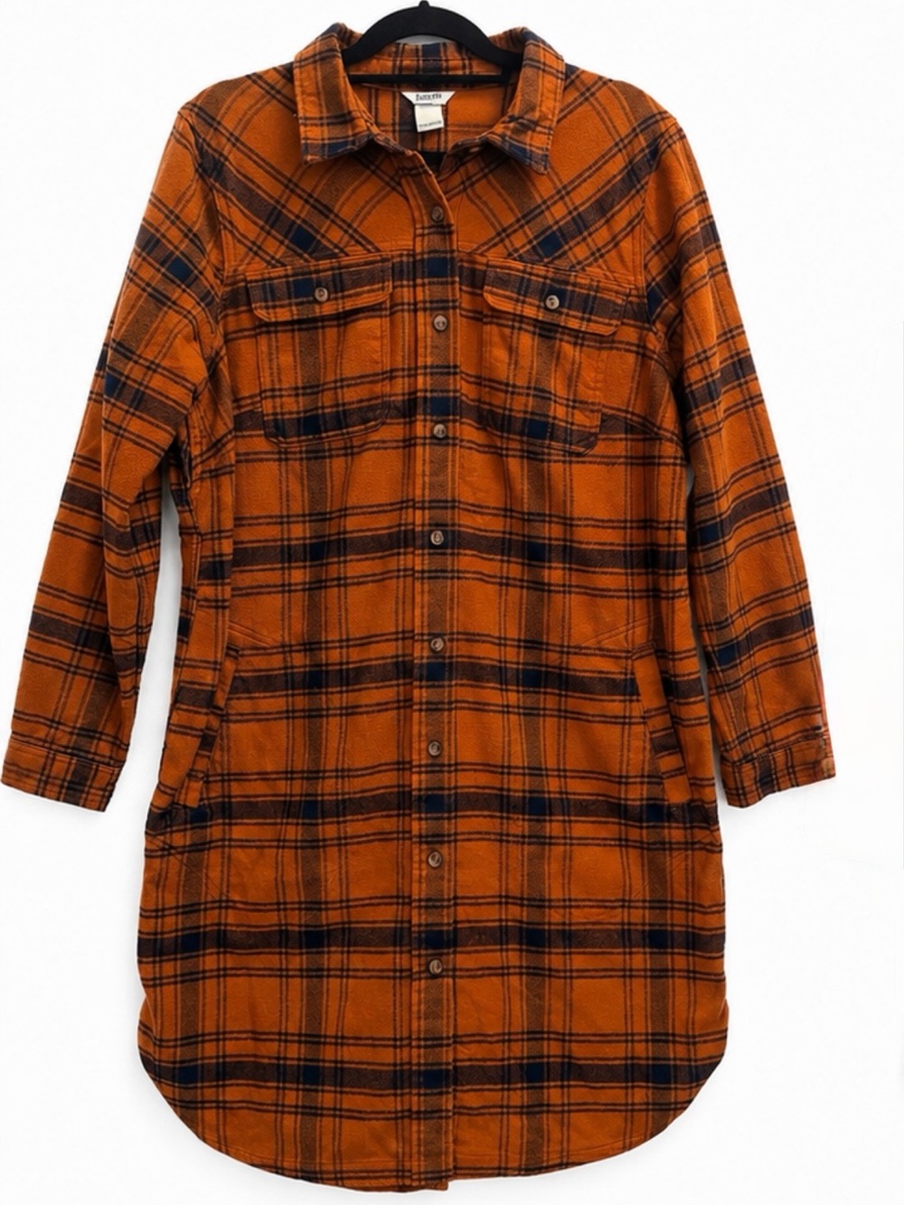 Duluth Trading Co Burt Orange and Black Plaid Utility Shirt Dress W/ Pockets